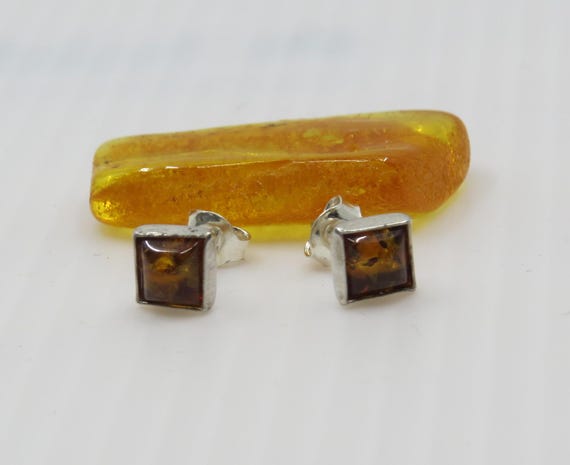 Handmade Amber Square Studs Set In Sterling Silver