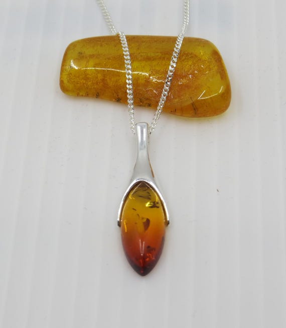 Handmade Baltic Amber Drop Pendant, Sterling Silver Chain