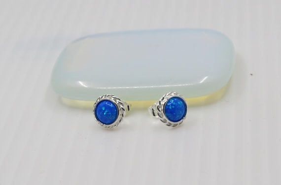 Beautiful Handmade Blue Opal stud earrings set in sterling silver