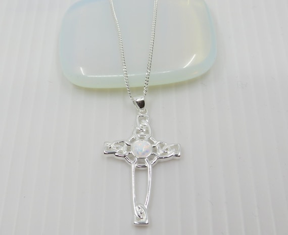 Handmade White Opal cross pendant set in sterling silver