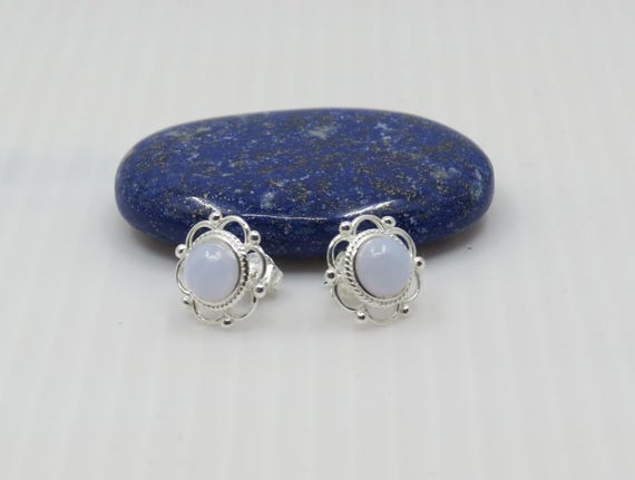 Handmade Blue Lace Agate flower stud earrings set in sterling silver.