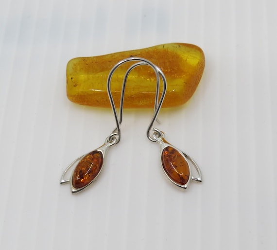Handmade Baltic Amber Drop Earrings set In Sterling Silver