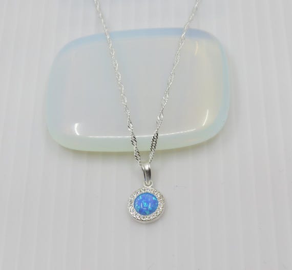 Blue Opal Sterling Silver Pendant Necklace, Cubic Zirconia Halo