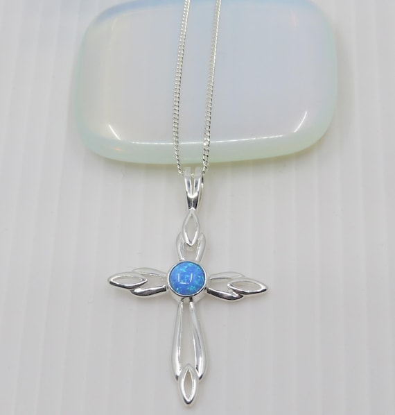 Beautiful Handmade Blue Opal Celtic Cross set in sterling silver