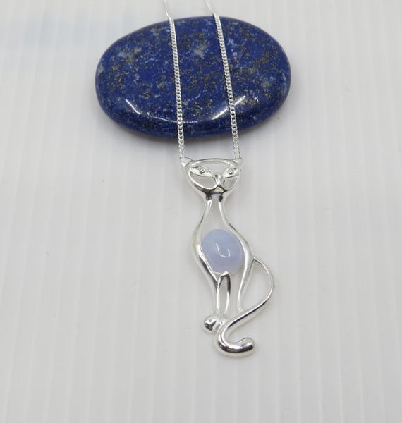 Handmade Blue Lace Agate Cat pendant set in sterling silver