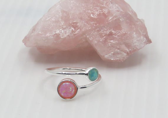 Handmade pink and green Opal adjustable ring set in sterling silver