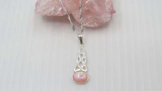 Handmade pink opal Celtic pendant set in sterling silver