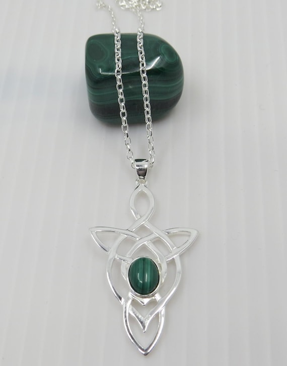 Handmade malachite Celtic arrow design pendant set in  sterling silver