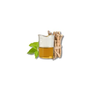 May include: A glass beaker filled with a light amber liquid, next to a bundle of dried, light brown roots tied together with twine. The roots are a natural ingredient used in herbal remedies.