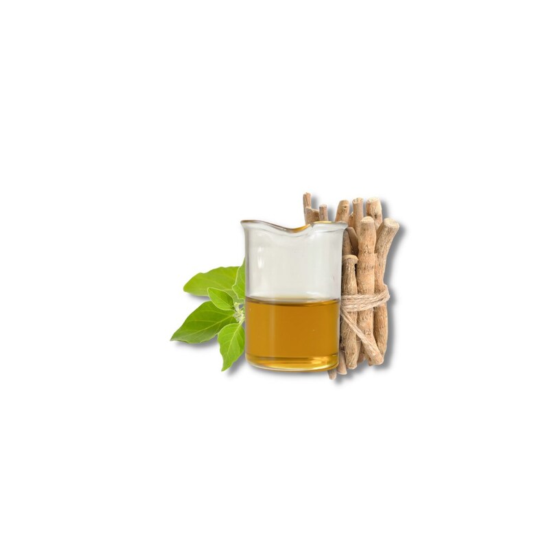 May include: A glass beaker filled with a light amber liquid, next to a bundle of dried, light brown roots tied together with twine. The roots are a natural ingredient used in herbal remedies.