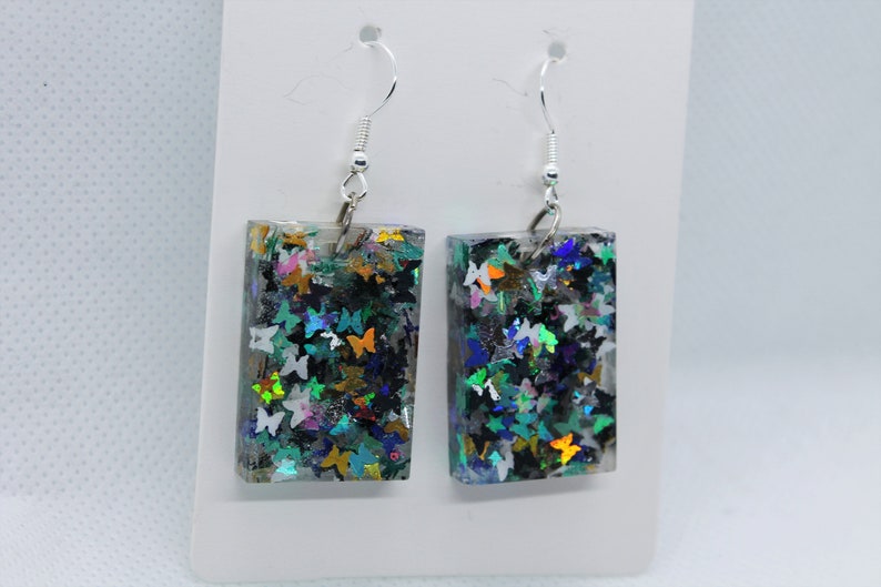 Blue And Gold Rectangle Butterfly Earrings Dangle And Drop Resin Earrings