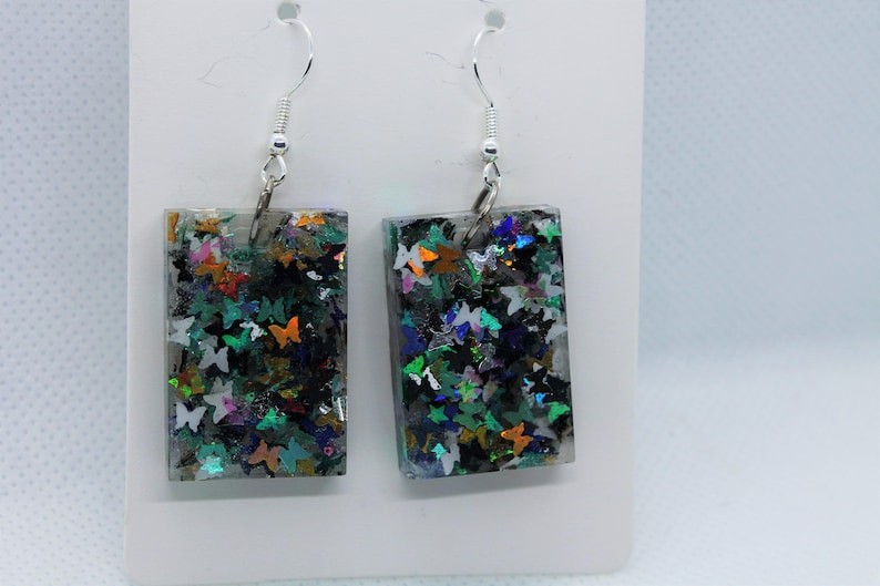 Blue And Gold Rectangle Butterfly Earrings Dangle And Drop Resin Earrings