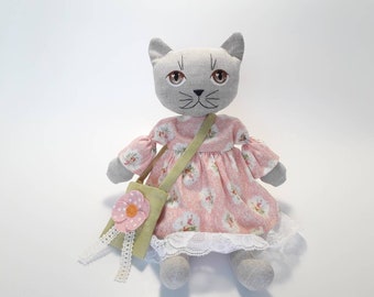 Linen cat doll Cij Christmas in July Sale Primitive rag flax stuffed animal Cloth doll