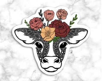 Cow Decal, Laptop Sticker, Journal Cover Stickers, Cow Gift, Gift for her, Friends Sticker, Holstein Cow, Flowers cow, Cow Vinyl Sticker