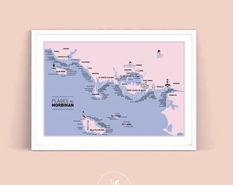 Affiche Carte des Plages du Morbihan , Illustration poster A3 pour décoration murale
