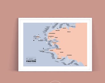 Affiche Carte des Plages du Finistère , Illustration poster A3 pour décoration murale