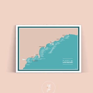Affiche Carte des Plages des Alpes Maritimes , Illustration poster A3 pour décoration murale