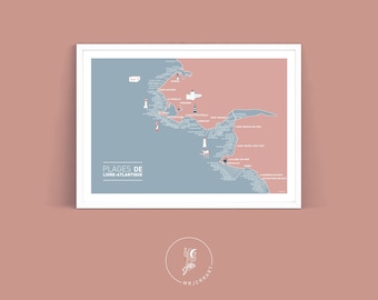 Affiche Carte des Plages de Loire Atlantique , Illustration poster A3  pour décoration murale