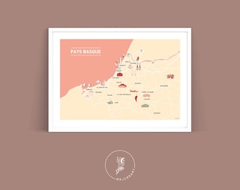 Poster In het hart van Baskenland, Illustratie poster A3 A4 voor wanddecoratie