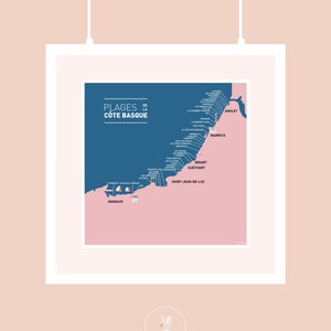 Affiche Carte des Plages de la Côte Basque, Illustration poster carré pour décoration murale
