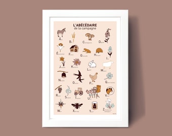 Affiche Abécédaire de la campagne, Illustration poster A3 A4 pour décoration murale