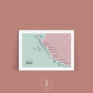 Affiche Carte des Plages de Vendée , Illustration poster A3 pour décoration murale