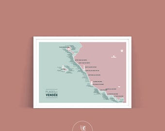 Vendée Beaches Map Poster, A3 poster illustration for wall decoration