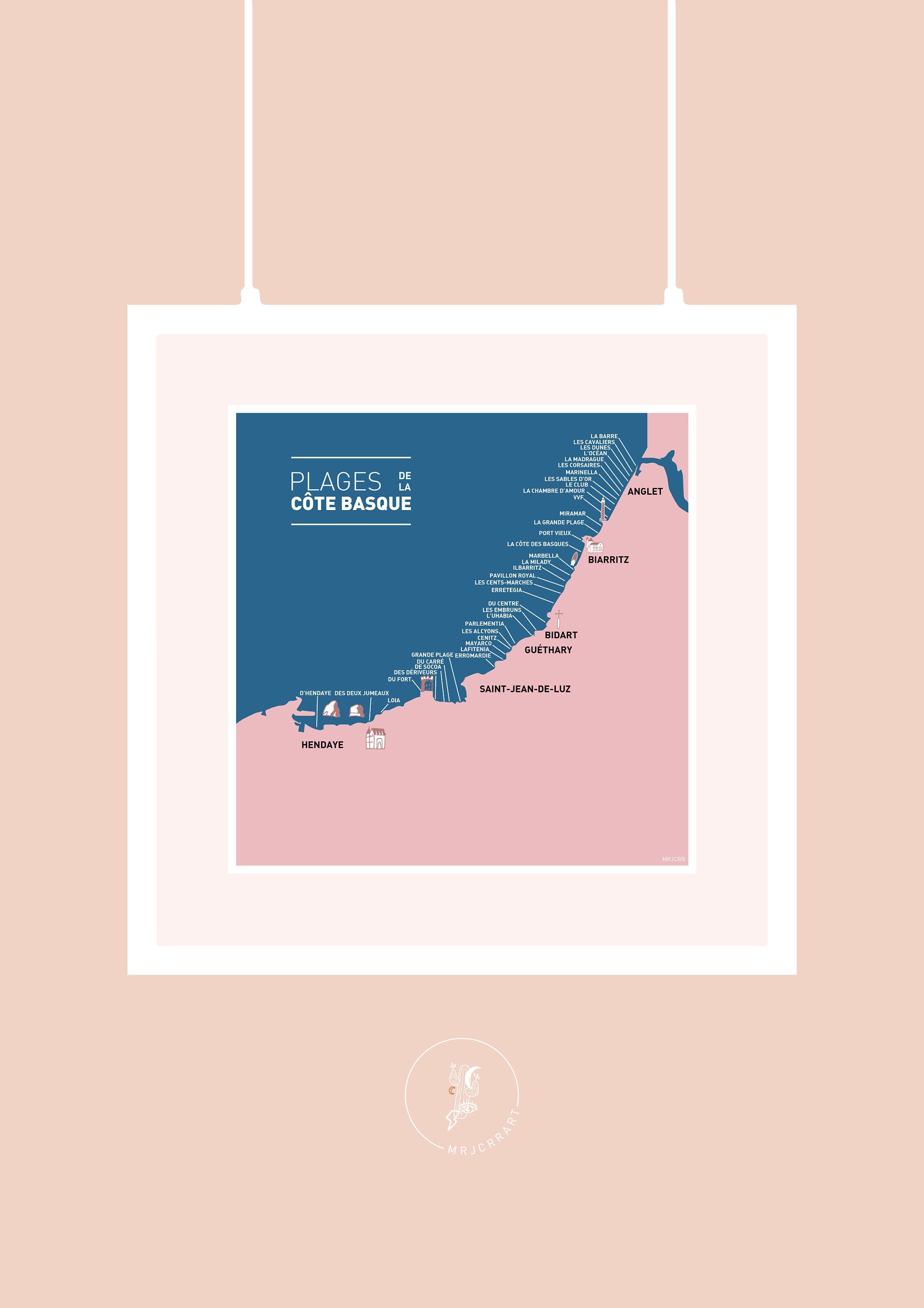 Affiche Carte Des Plages de La Côte Basque