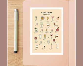 Carte postale Abécédaire de l'apéro , Illustration carte postale 10x15cm pour décoration murale