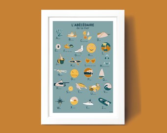 Affiche Abécédaire de la mer , Illustration poster A3 A4 pour décoration murale