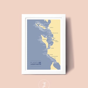 Affiche Carte des Plages de Charente Maritime , Illustration poster A3  pour décoration murale
