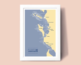 Poster Map of the Beaches of Charente Maritime, A3 poster illustration for wall decoration