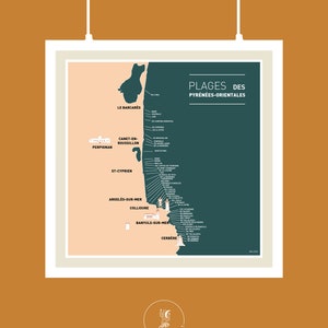Poster Mappa delle spiagge dei Pirenei orientali, poster quadrato da decorare a parete