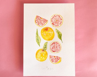Pintura original de acuarela de pomelo, para decoración de paredes.