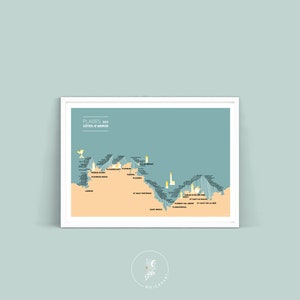 Affiche Carte des Plages des Côtes - D’Armor, illustration poster pour décoration murale