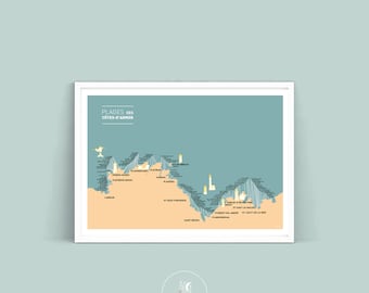 Poster Map of the Côtes Beaches - D’Armor, illustration poster for wall decoration