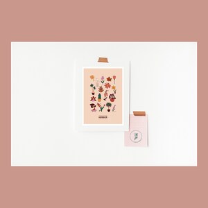 Puede incluir: Una tarjeta blanca con un fondo melocot&oacute;n que presenta una colecci&oacute;n de plantas y flores ilustradas. El texto "HERBIER" est&aacute; en la parte inferior de la tarjeta. La tarjeta est&aacute; pegada a una superficie blanca. Una tarjeta rosa m&aacute;s peque&ntilde;a con un dise&ntilde;o floral est&aacute; pegada a la superficie blanca.