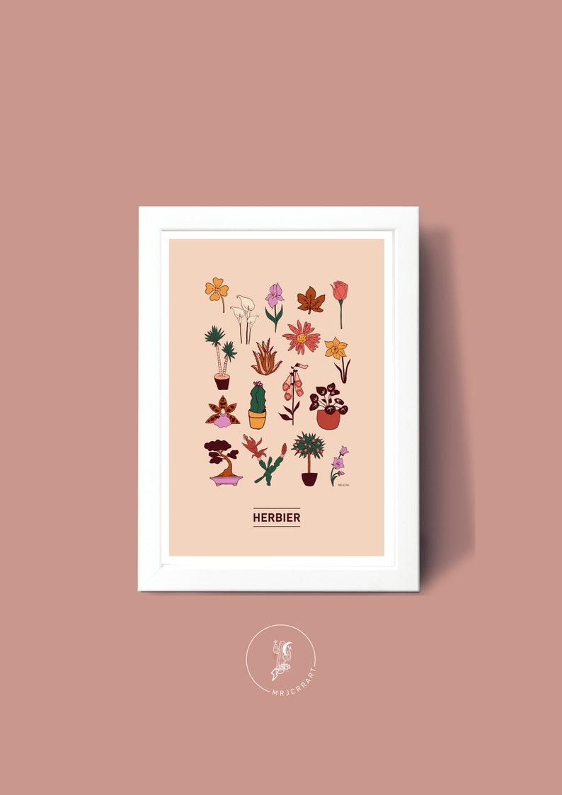Puede incluir: Una impresi&oacute;n enmarcada en blanco con un fondo melocot&oacute;n claro que presenta una colecci&oacute;n de 20 plantas y flores ilustradas diferentes. El t&iacute;tulo de la impresi&oacute;n es "HERBIER".