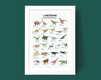 Affiche Abécédaire des dinosaures, Illustration poster A3 A4 pour décoration murale