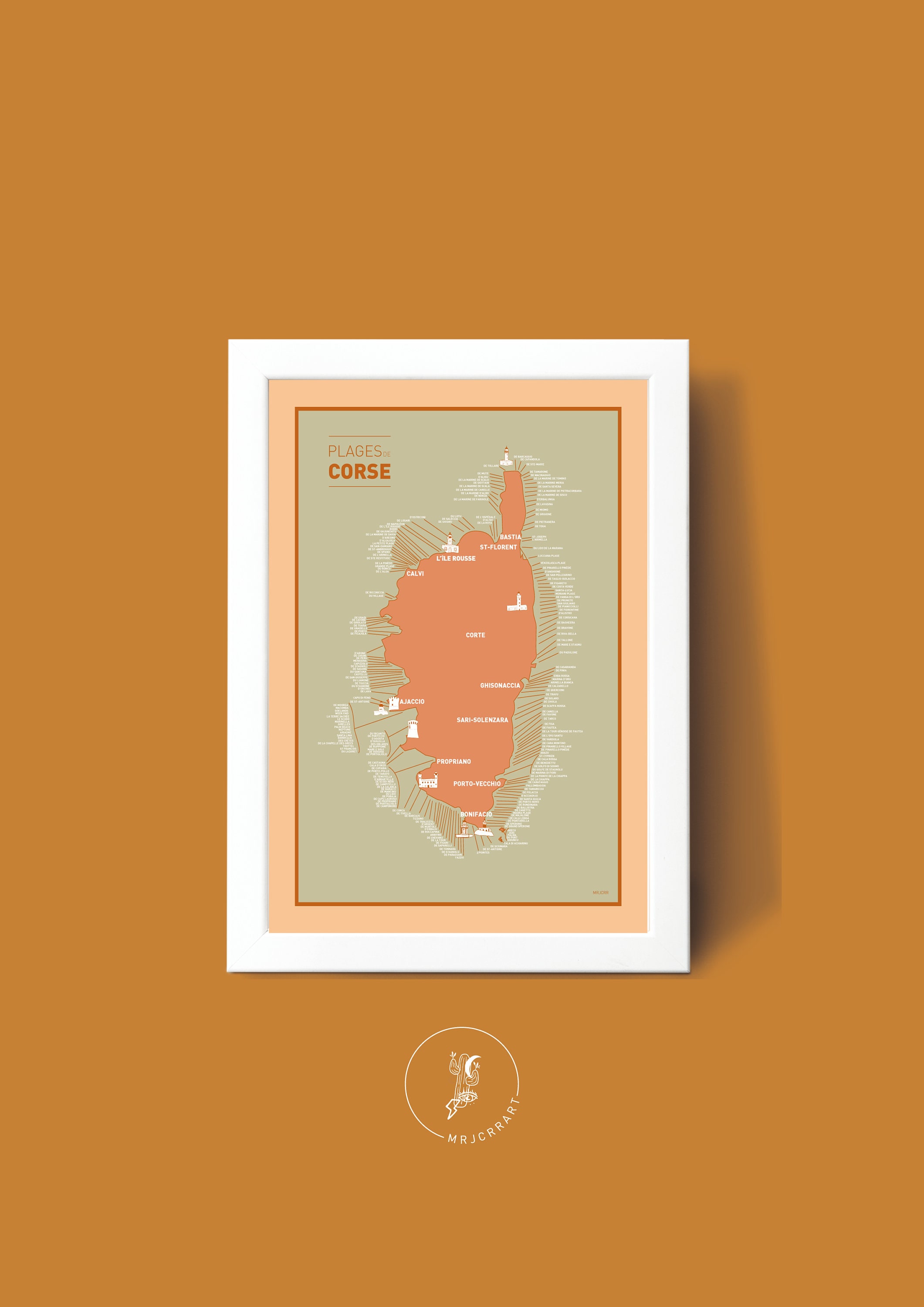 Affiche Carte Des Plages de Corse , Illustration Poster A3 Pour Décoration Murale