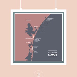Affiche Carte des Plages de l’Aude, illustration poster carré pour décoration murale