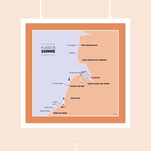 Affiche Carte des Plages de la Somme , Illustration poster carré pour décoration murale