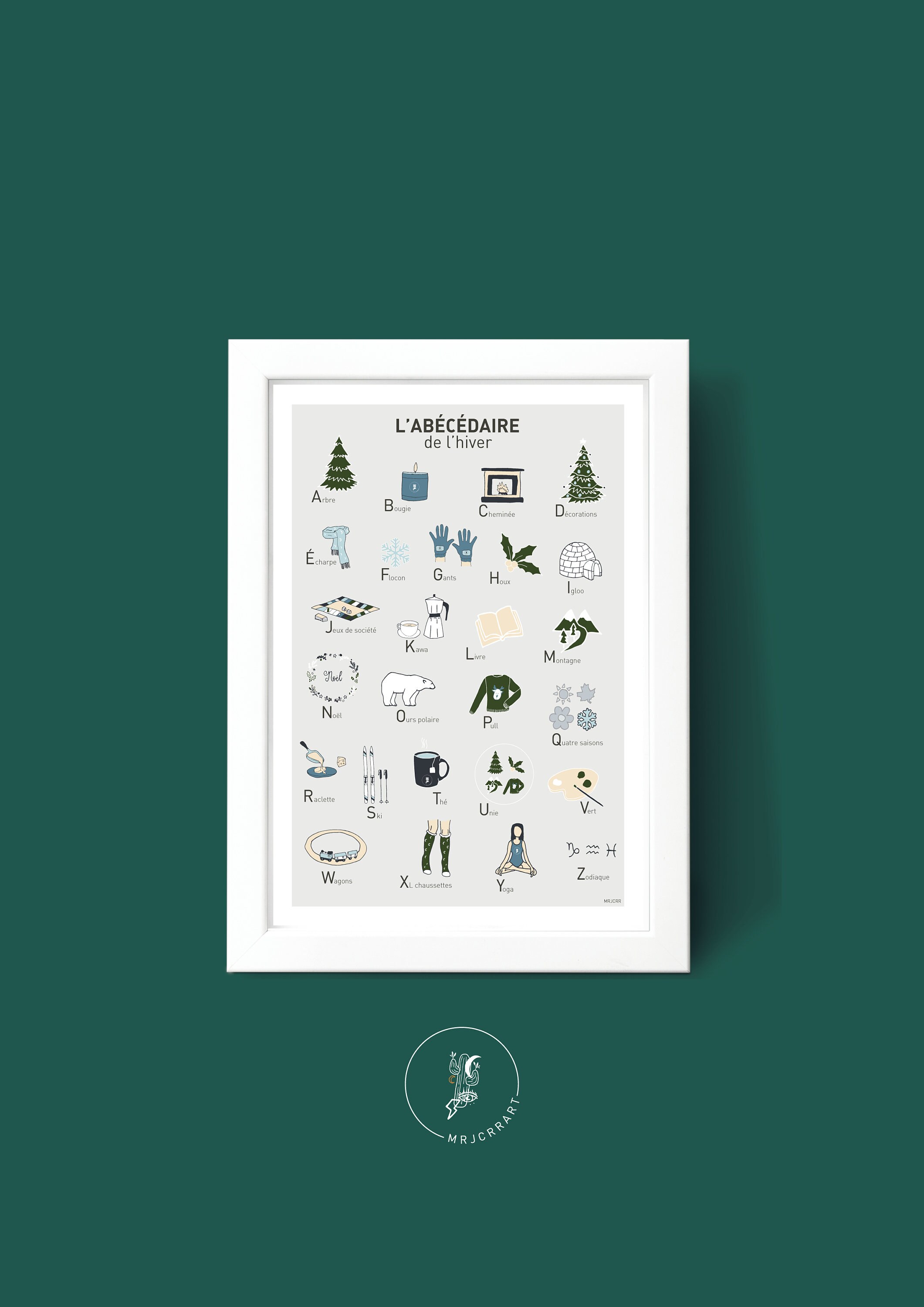 Affiche Abécédaire de L' Hiver , Illustration Poster A3 A4 Pour Décoration Murale