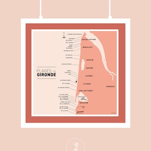 Affiche Carte des Plages de Gironde , Illustration poster carré pour décoration murale