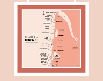 Cartel del mapa de las playas de Gironda, ilustración de cartel cuadrado para la decoración de la pared