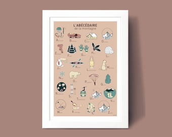 Affiche Abécédaire de la Montagne, Illustration poster A3 A4 pour décoration murale