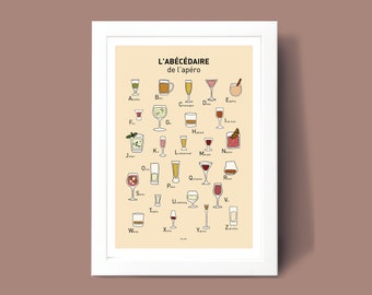 Affiche Abécédaire de l'apéro , Illustration poster A3 A4 pour décoration murale