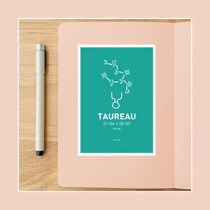 Carte postale Taureau, signe astrologique, Illustration carte postale 10x15cm pour décoration murale