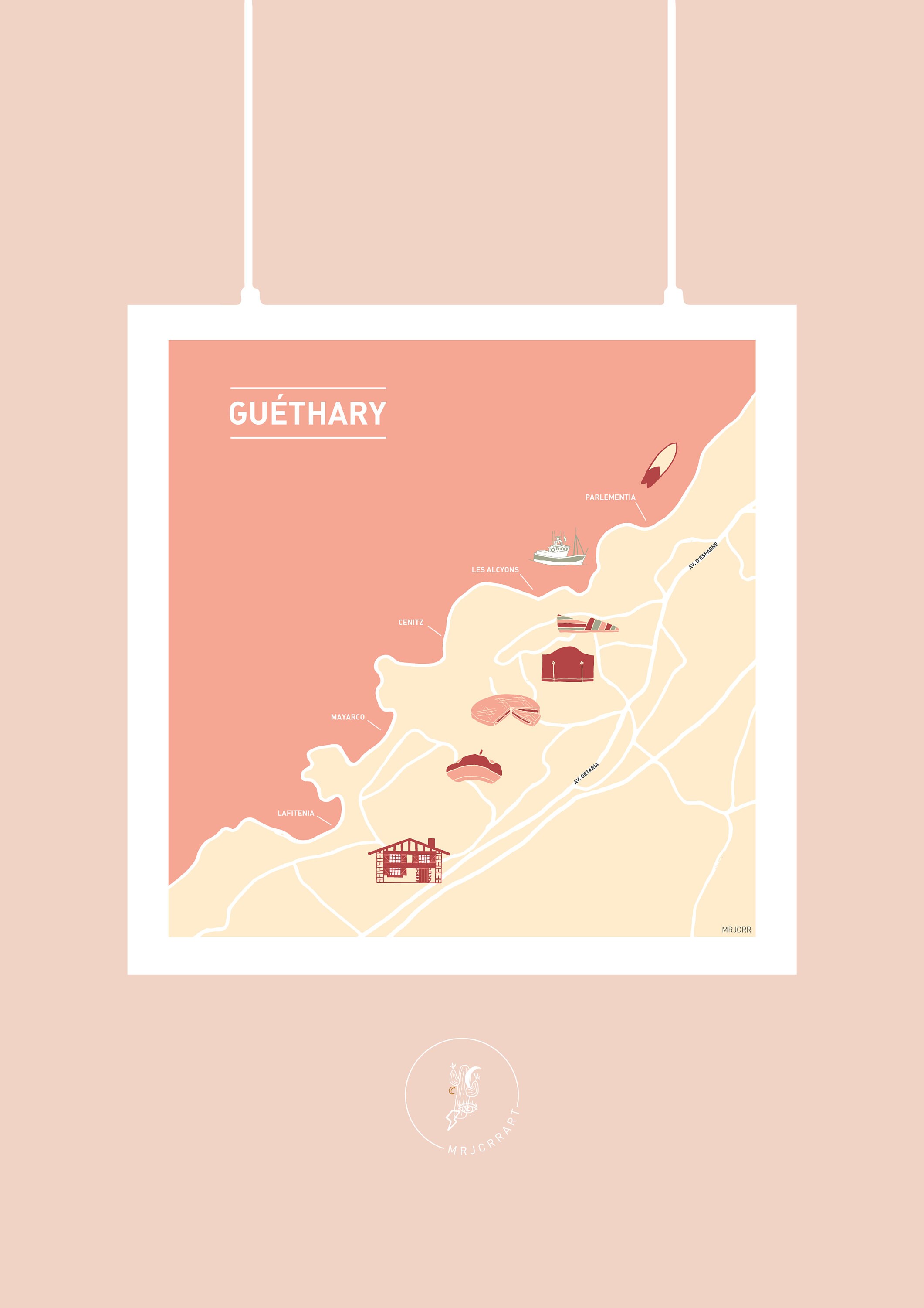 Affiche Au Cœur de Guéthary, Illustration Poster Carré Pour Décoration Murale