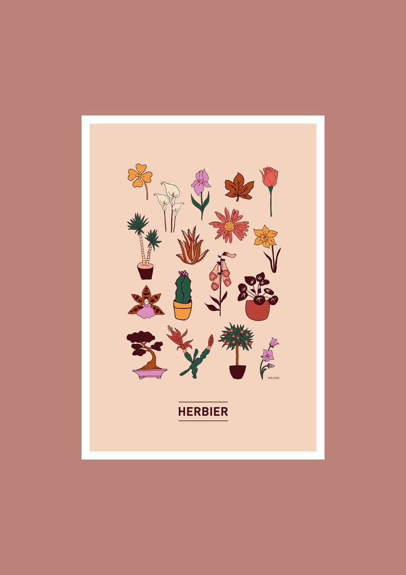 Puede incluir: Un fondo beige con una colecci&oacute;n de 20 plantas y flores diferentes en varios colores, incluyendo rojo, naranja, amarillo, verde, azul y morado. El texto "HERBIER" est&aacute; en la parte inferior de la imagen.